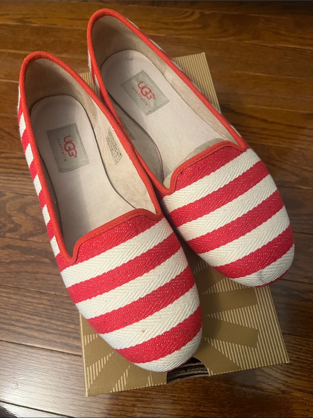 UGG Women’s Red and White Striped Canvas Slip-On Flats